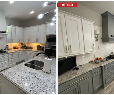 Adding depth to an all-white kitchen with Sherwin WIlliams "Tin Lizzie" SW9163 Photo