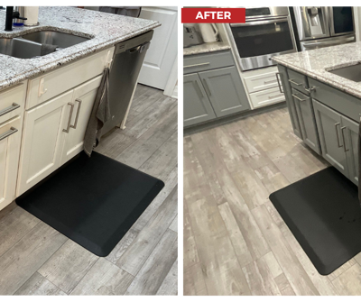 Adding depth to an all-white kitchen with Sherwin WIlliams "Tin Lizzie" SW9163 Photo