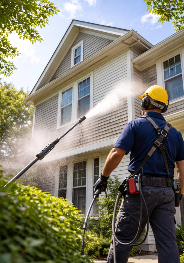 Pressure washing a home exterior before painting in Nashville