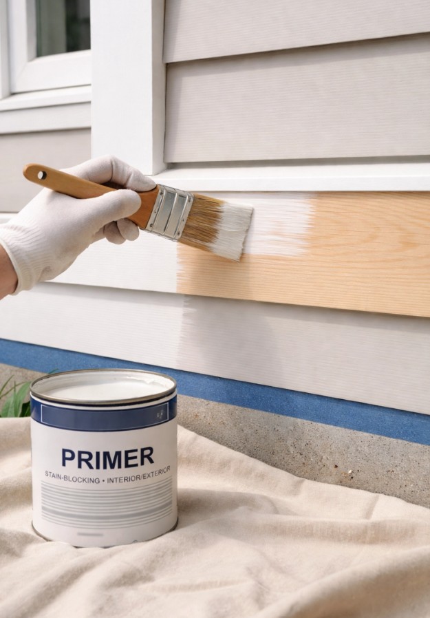 Professional painter applying primer to exterior wood siding
