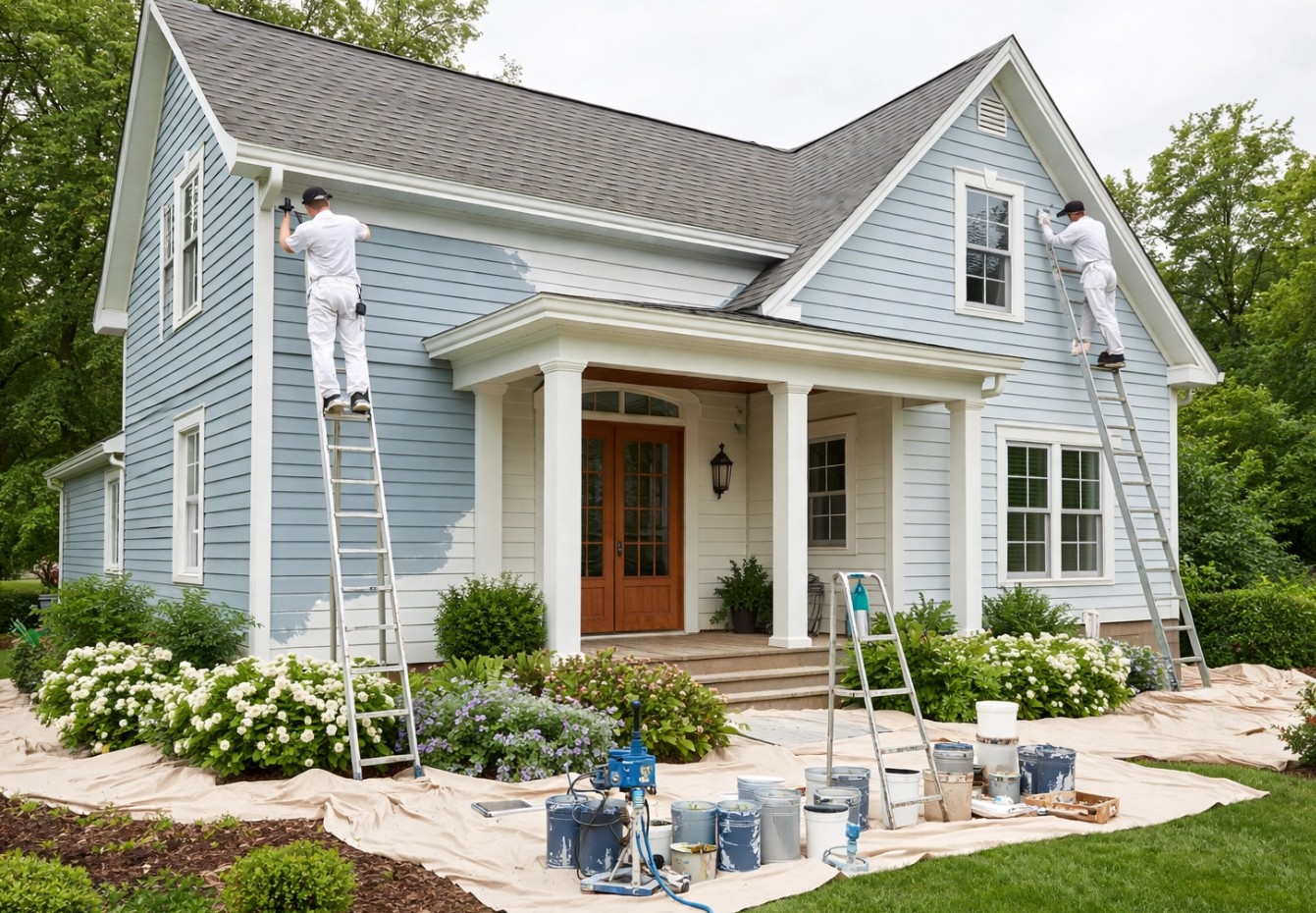 Nashville home exterior being painted on an overcast day for optimal conditions