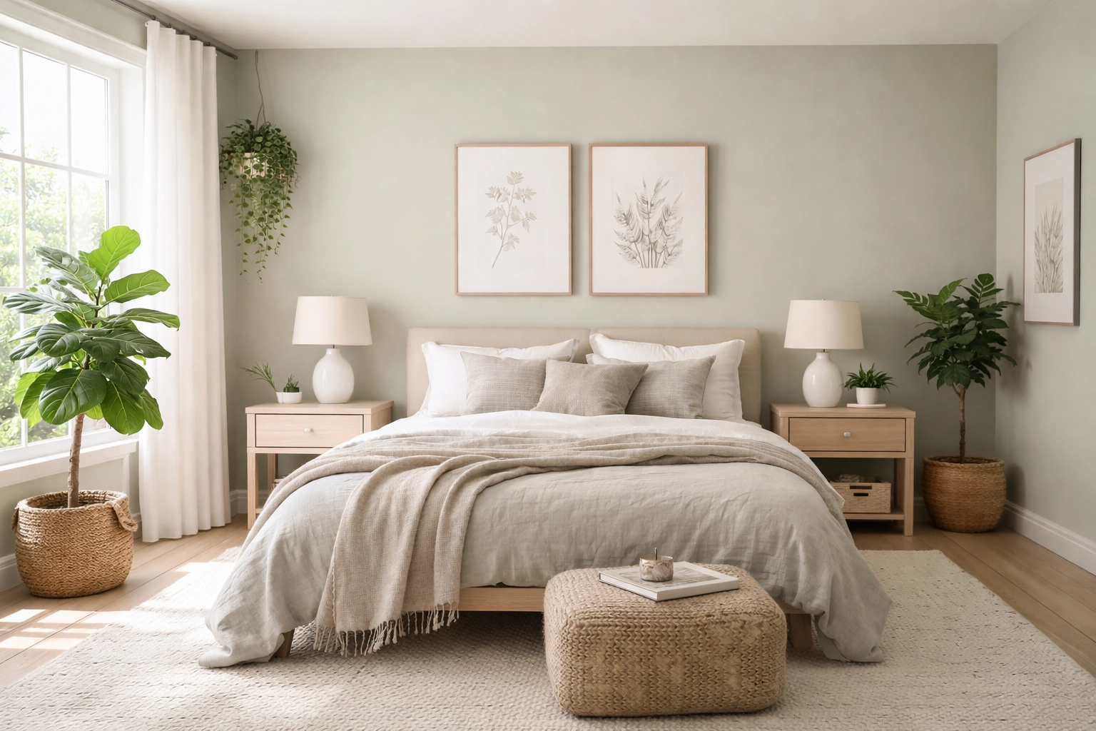 Calming bedroom with soft sage green walls inspired by Tennessee landscapes