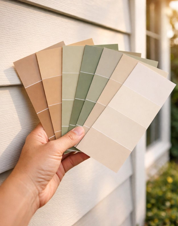 Paint color samples being tested against home exterior in natural Nashville light