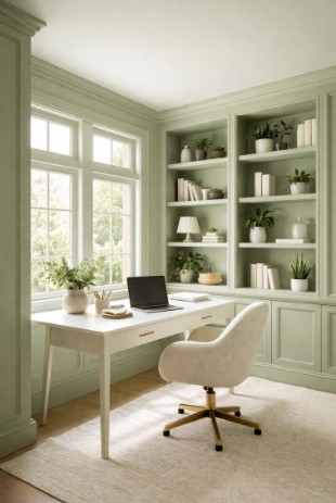 Home office with sage green color drenching creating a calming work environment