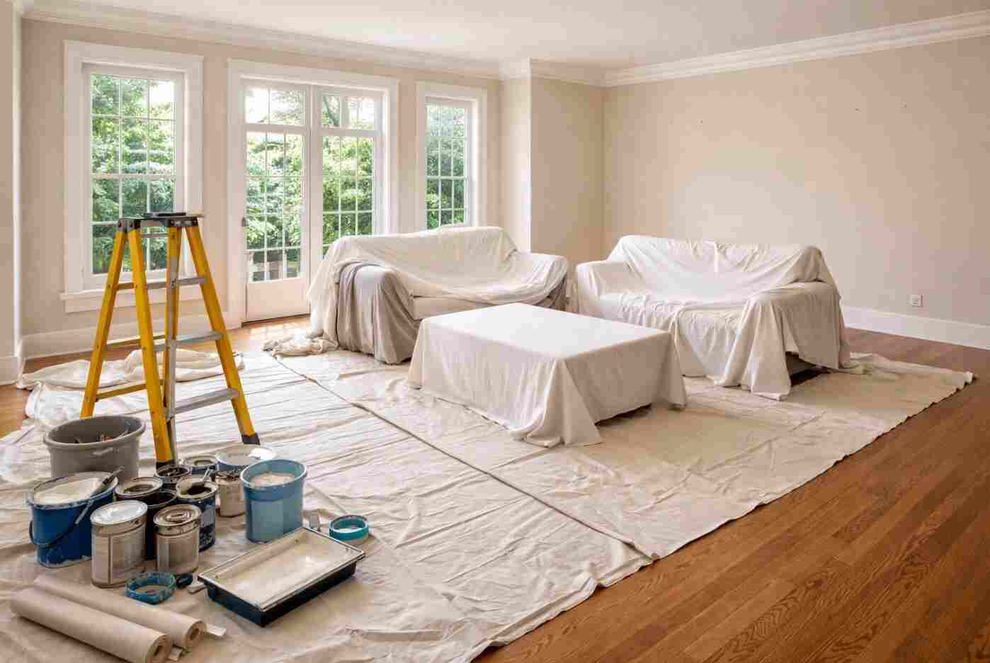Living room cleared and furniture covered before interior painting project