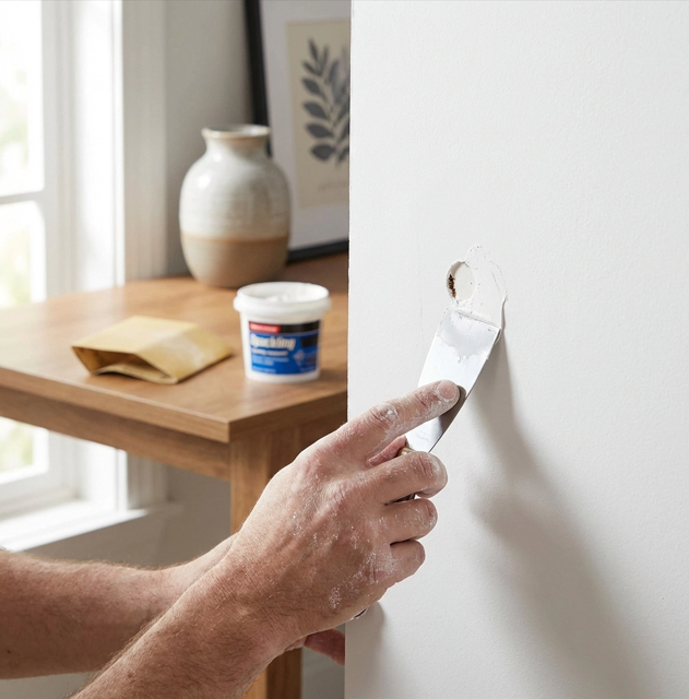 Painter prepping interior wall by patching and sanding before painting