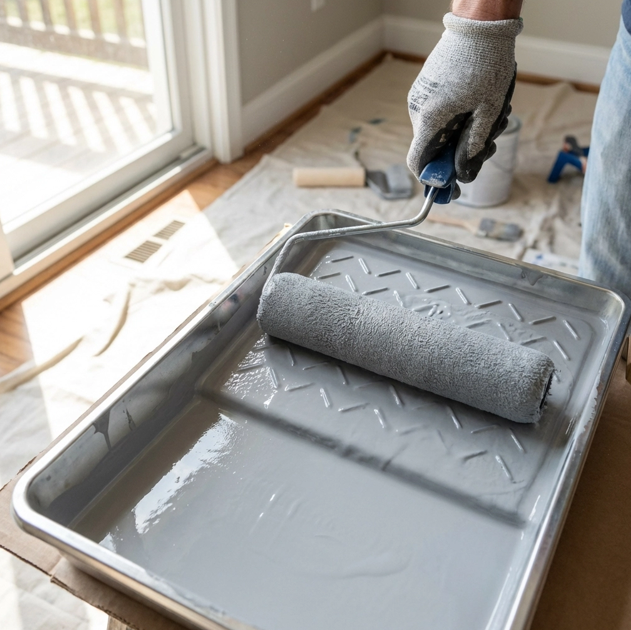 Interior wall being painted with proper lighting for even coverage