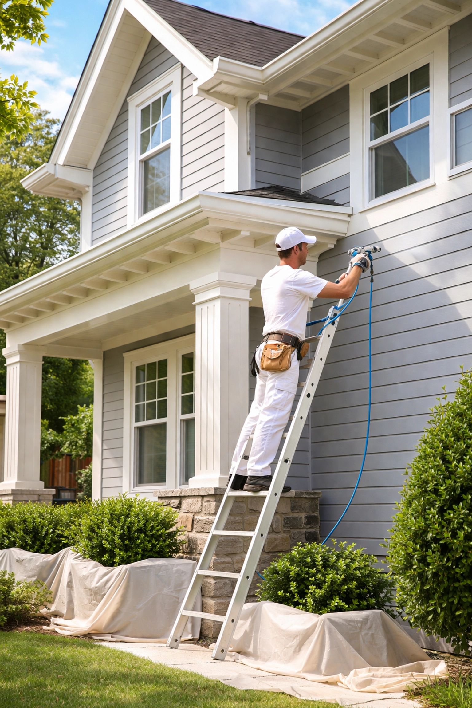 Professional painter applying exterior paint in optimal weather
